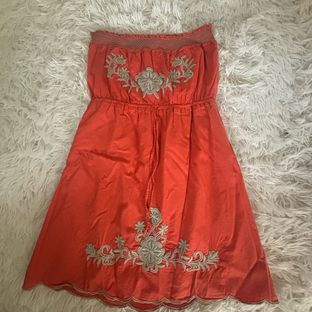 Orange Strapless Dress with Floral Embroidery